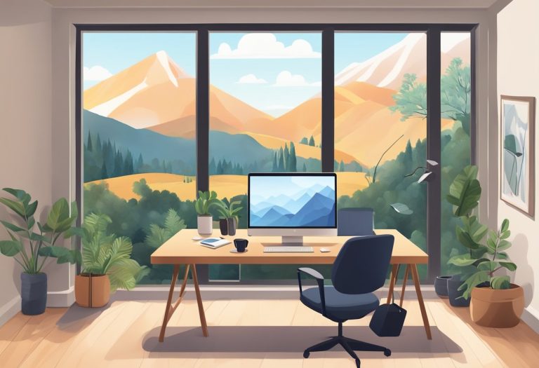 A laptop surrounded by a cozy home office setup with a view of a tranquil natural landscape, symbolizing the potential for high earning through freelance and remote work