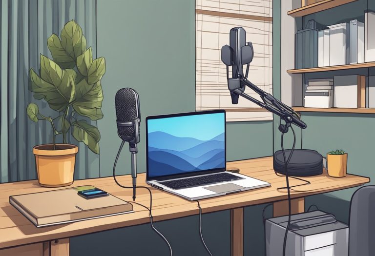 A microphone stands on a desk, connected to a laptop. A soundproofing panel is mounted on the wall behind it. Podcasting equipment is neatly arranged nearby